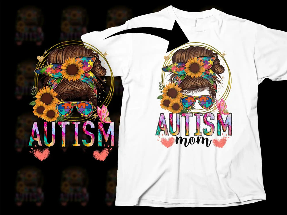 Autism Mom T-Shirt, Colorful Floral Design, Sunflower and Heart, Support Awareness Tee