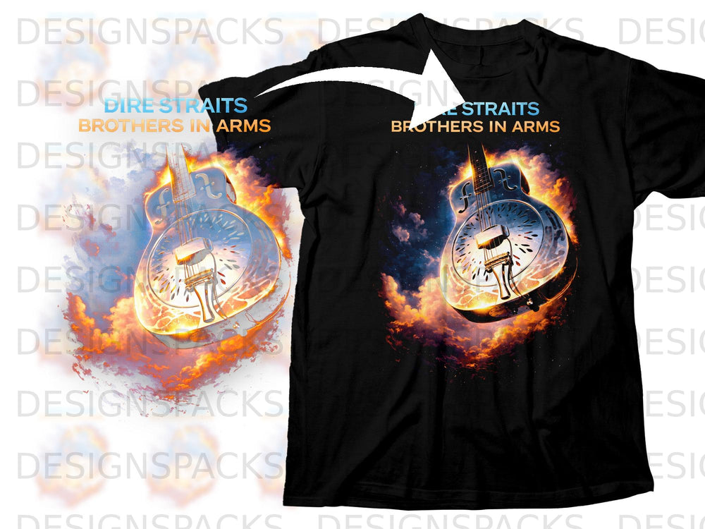 Black t-shirt with Dire Straits Brothers in Arms album art featuring a resonator guitar engulfed in flames.