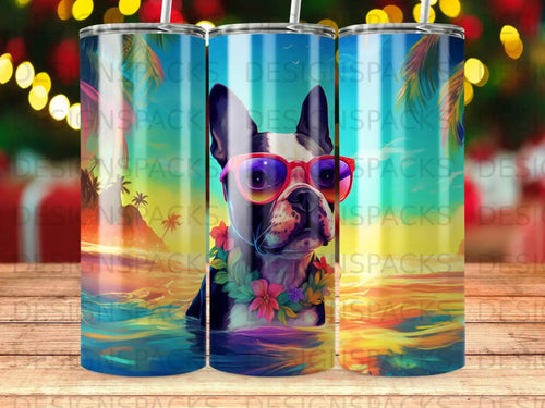 Dog wearing sunglasses and flower lei on a colorful, tropical background.