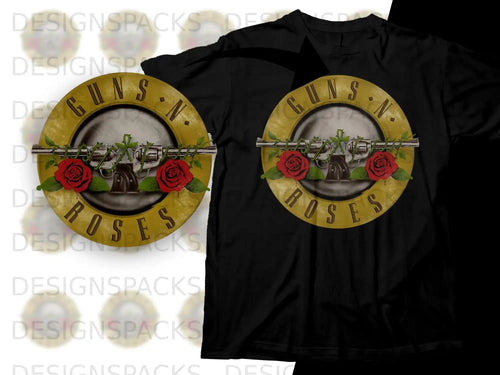 Guns N' Roses circular logo with pistols and roses on a black t-shirt.