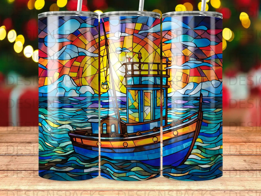 Stained glass boat sailing on ocean under colorful sky.