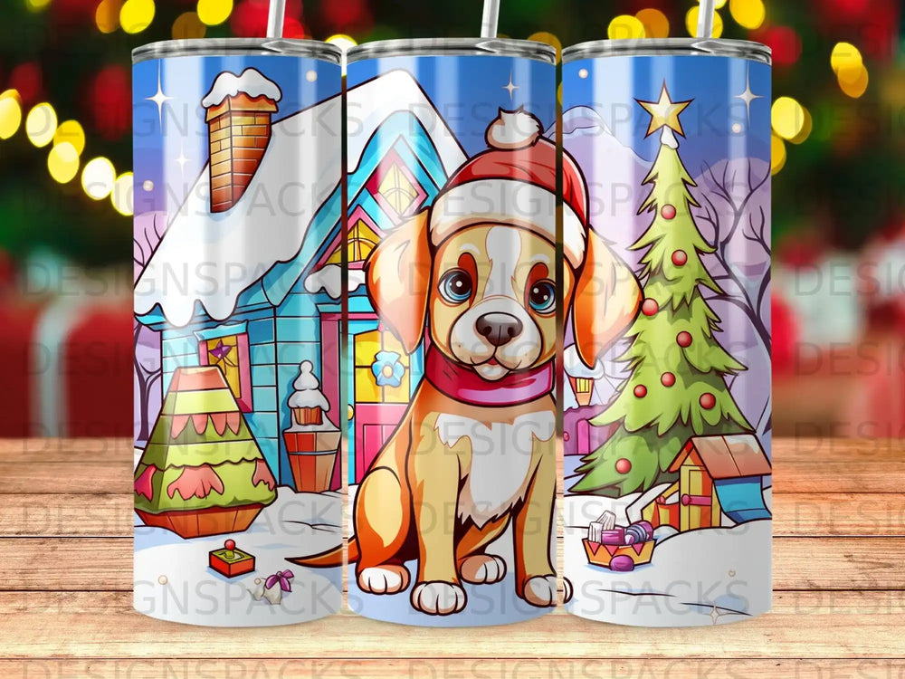 Cartoon puppy in Santa hat with festive backdrop.