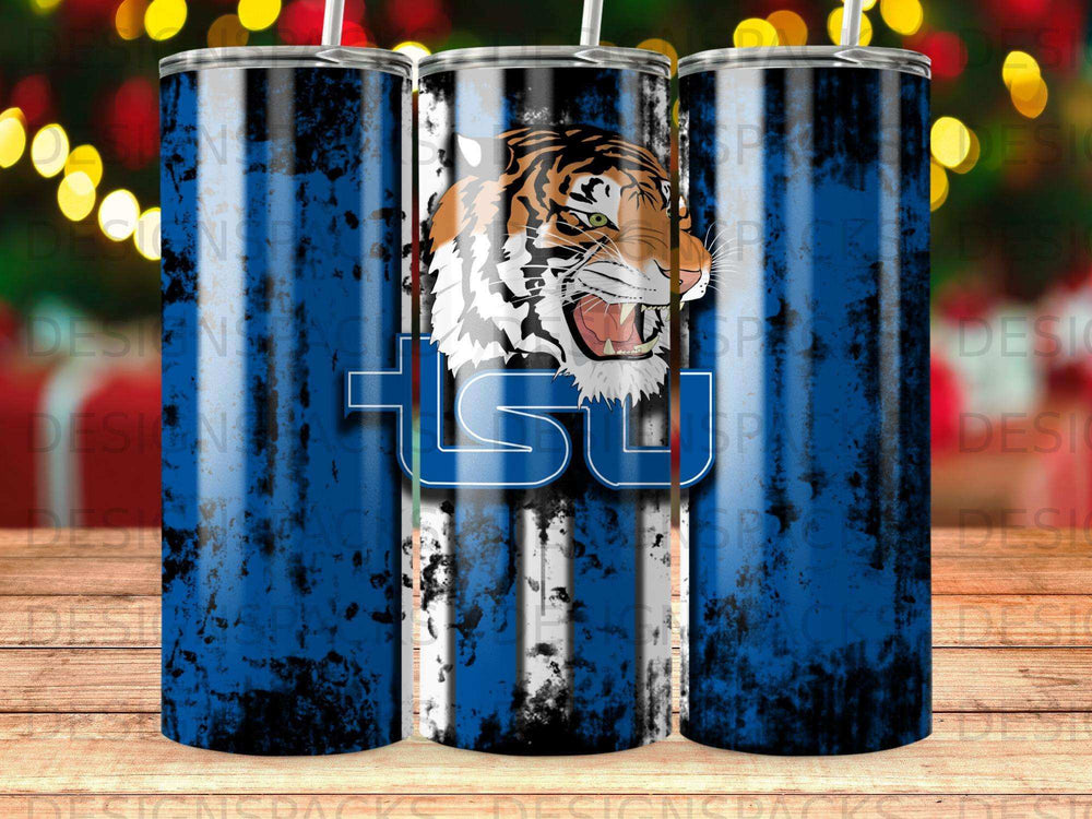 Tiger mascot on blue and white striped tumbler with distressed texture.