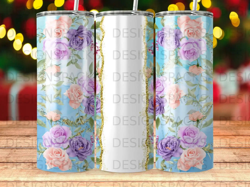 Floral pattern tumbler with gold glitter accents and "DESIGNSPACKS" repeated.