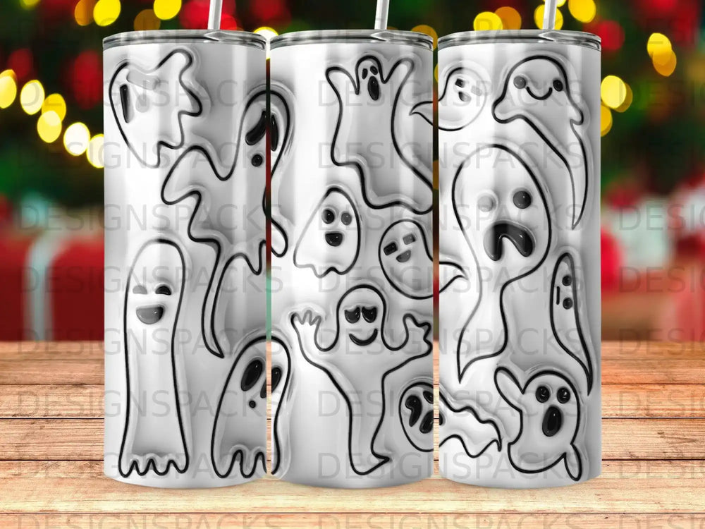 White ghost illustrations with black outlines on a tumbler wrap.