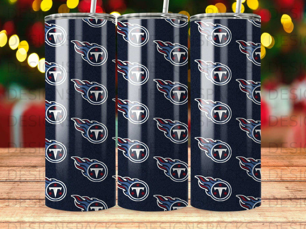 Tennessee Titans logo pattern on a navy blue tumbler.