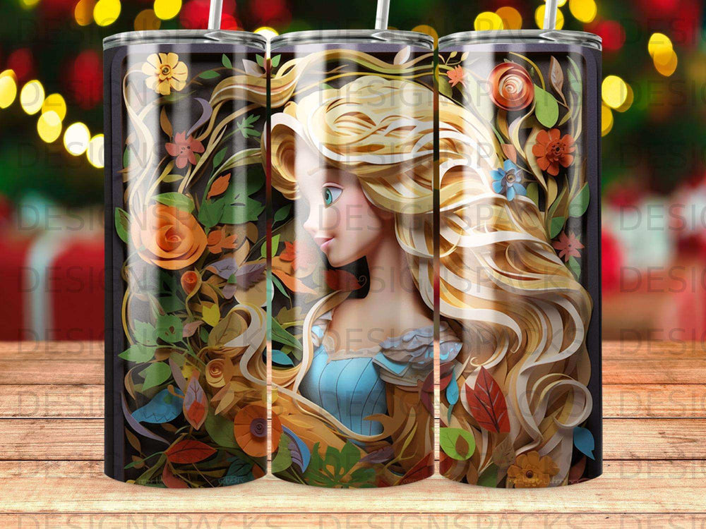 Tall tumbler with Rapunzel in floral pattern.
