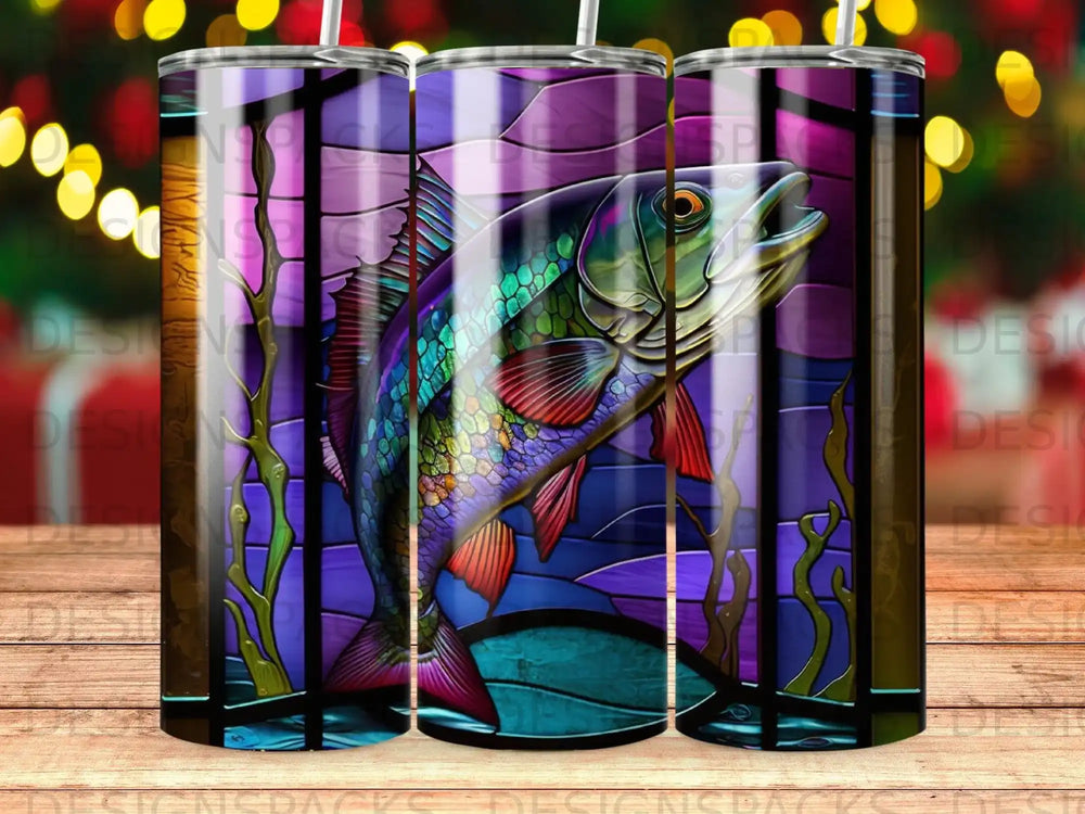 Colorful stained glass fish and seaweed design on a tumbler.