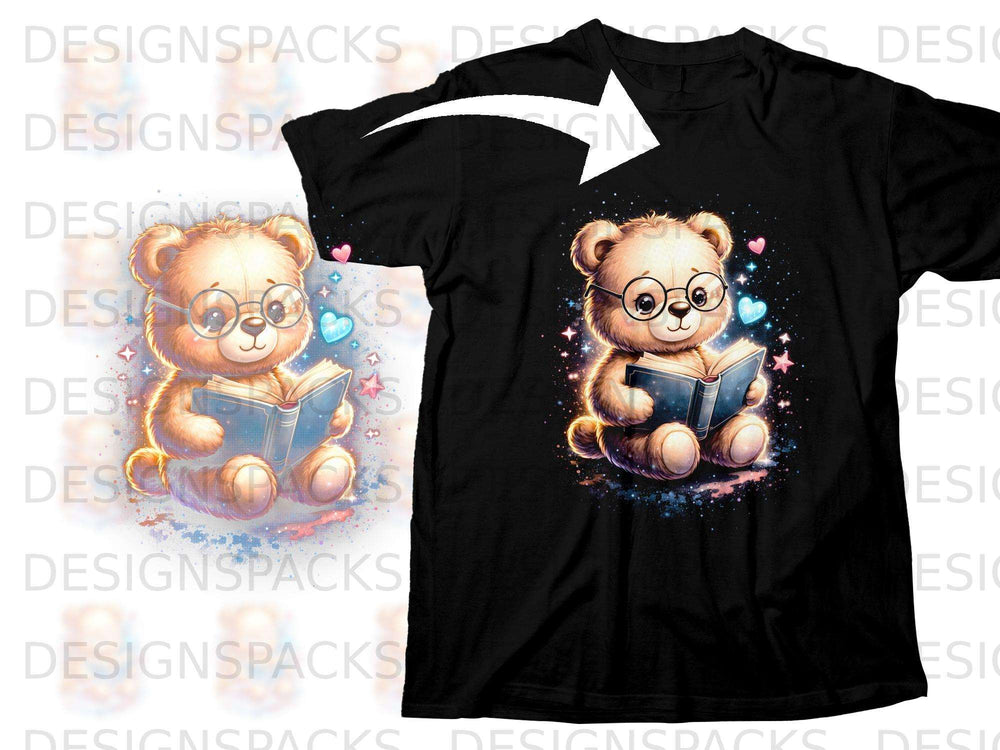 Bear wearing glasses reading a book with hearts and stars on a black t-shirt.