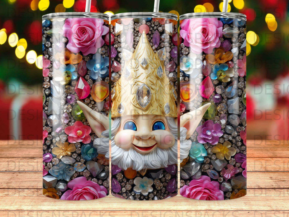 Glittering gnome with golden hat and gemstone mosaic background.