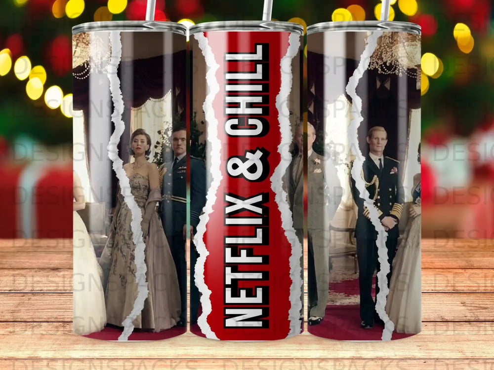Tumbler with "Netflix & Chill" text and characters from Bridgerton.