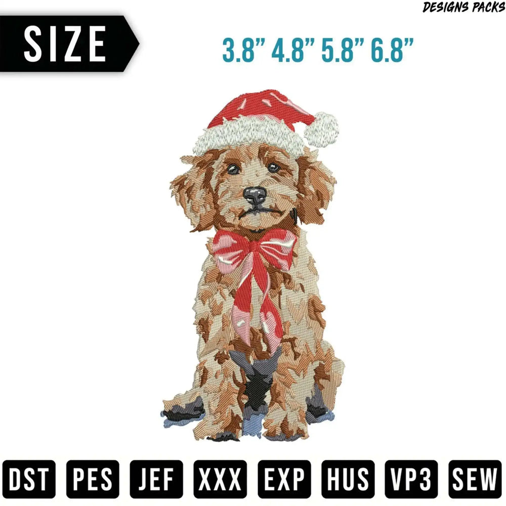 Embroidery design of a dog wearing a Santa hat and bow tie.