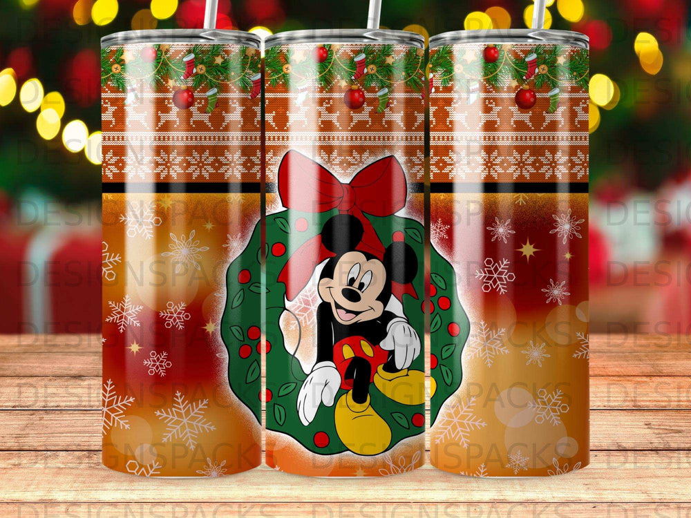 Mickey Mouse wearing a Santa hat with a Christmas wreath and snowflakes.