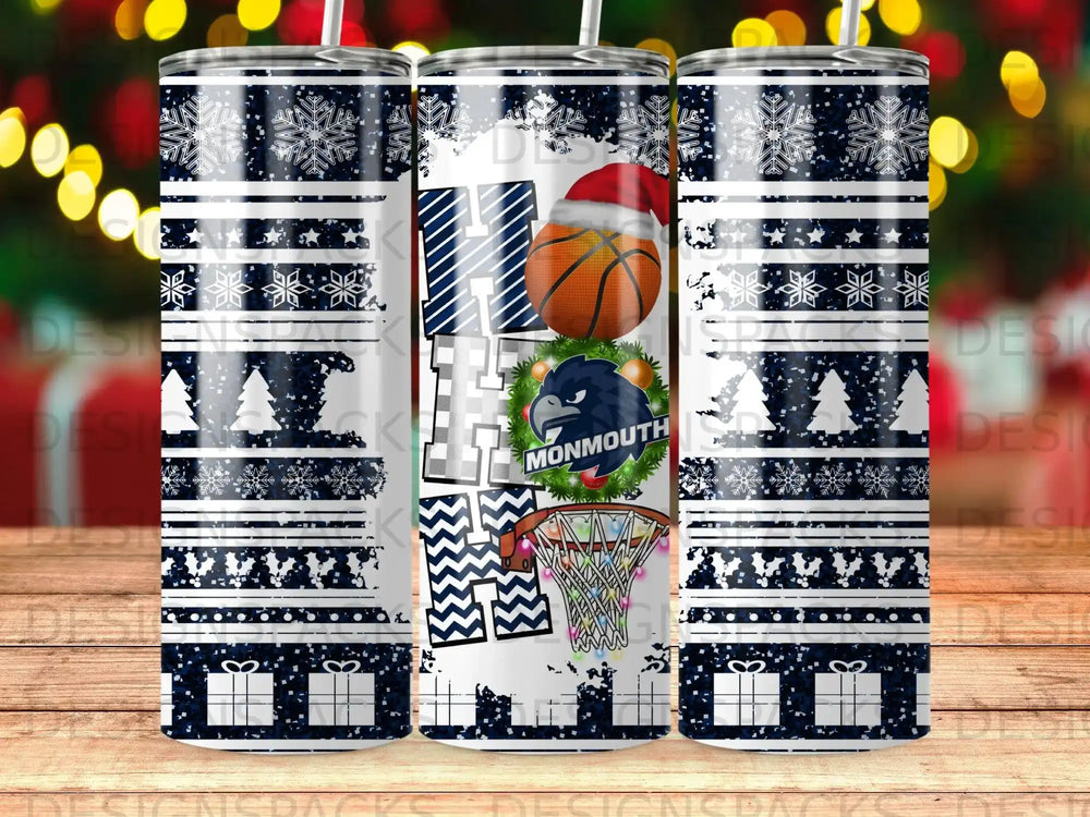 Monmouth basketball tumbler with holiday snowflake and gift patterns.