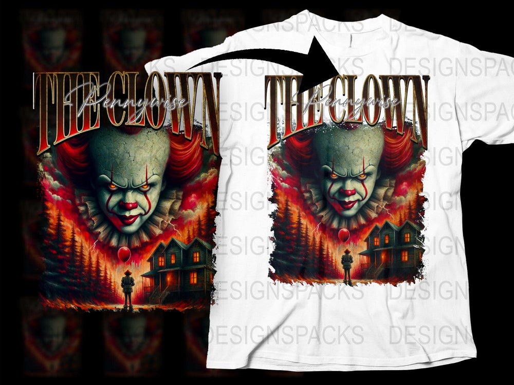 Scary Clown Graphic T-Shirt, Horror Movie Fan Tee, Unique Halloween Costume Idea, Fire Background