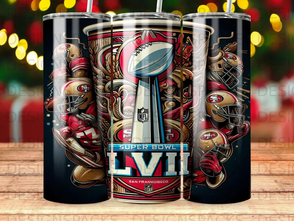 Super Bowl LVIII trophy and logos on a dark background with blurred festive lights.
