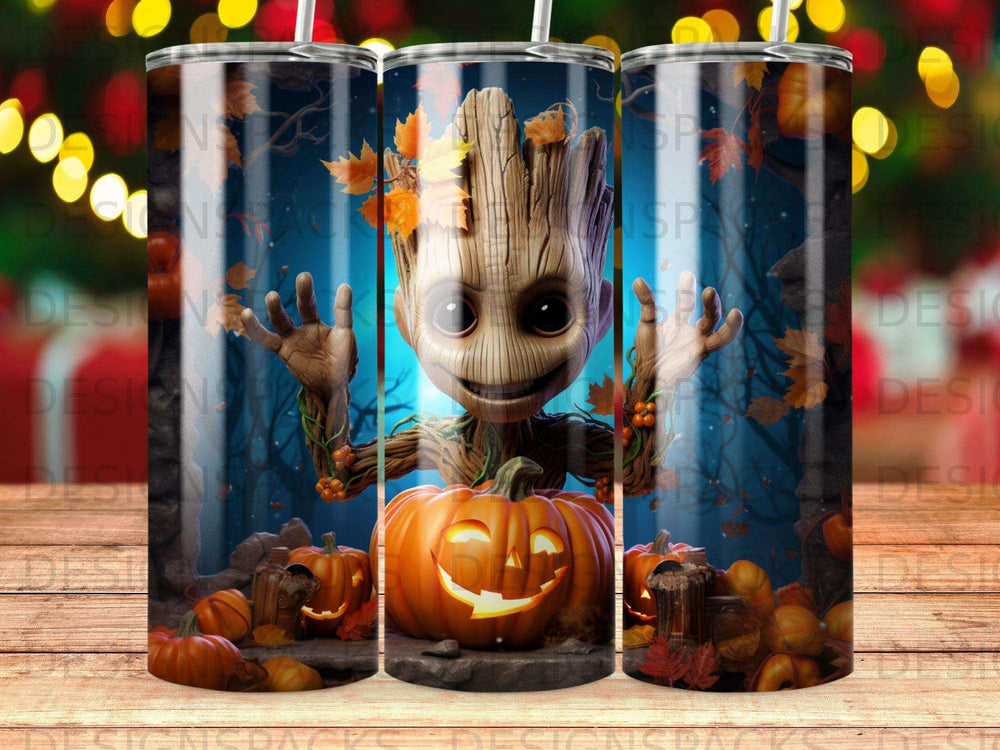 Groot character with pumpkin and autumn leaves, on a tumbler.