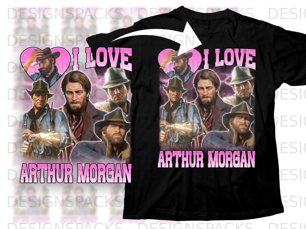 Black t-shirt with "I Love Arthur Morgan" graphic featuring multiple portraits of the character.