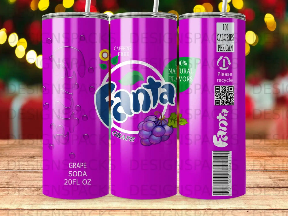Fanta Grape Soda 20 fl oz can with 100 calories and caffeine-free.