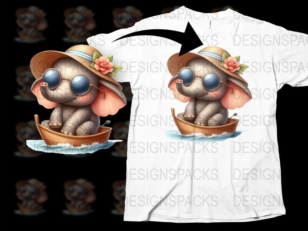 Cute Elephant in Boat T-Shirt, Floral Hat Graphic Tee, Animal Cartoon Design, Unisex Kids and Adults Fashion