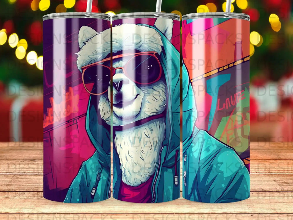 White llama wearing sunglasses and hoodie, graphic art, stylized illustration.