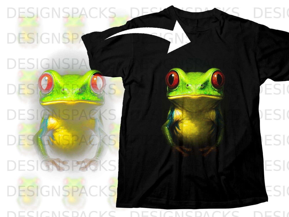 Black t-shirt featuring a vibrant green frog with large red eyes.
