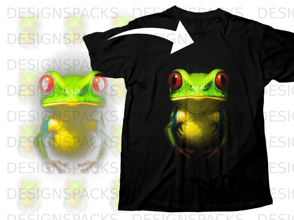 Black t-shirt featuring a vibrant green frog with large red eyes.