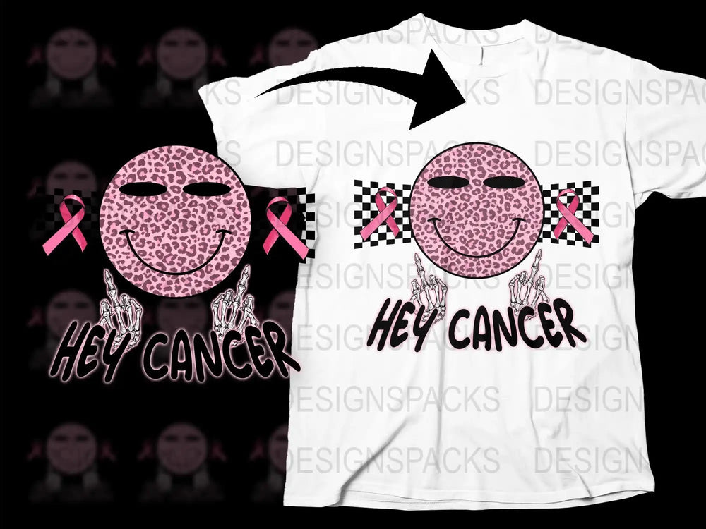 Hey Cancer Smiley Face T-Shirt, Pink Ribbon Breast Cancer Awareness, Unisex White Tee