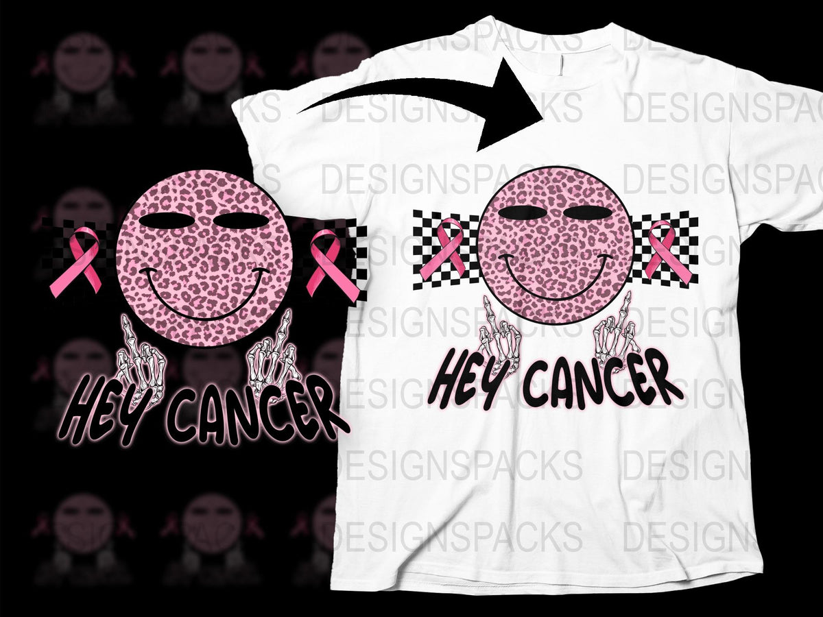Hey Cancer Smiley Face T-Shirt, Pink Ribbon Breast Cancer Awareness, Unisex White Tee