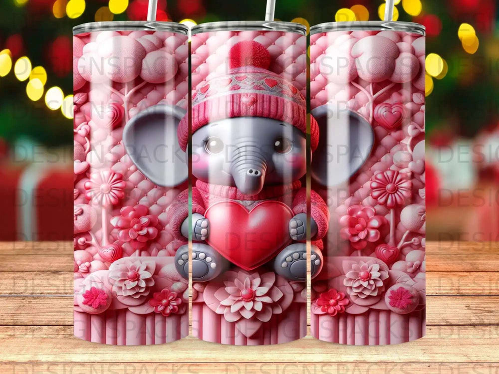 Cute elephant in a hat holding a heart, surrounded by pink hearts and flowers.
