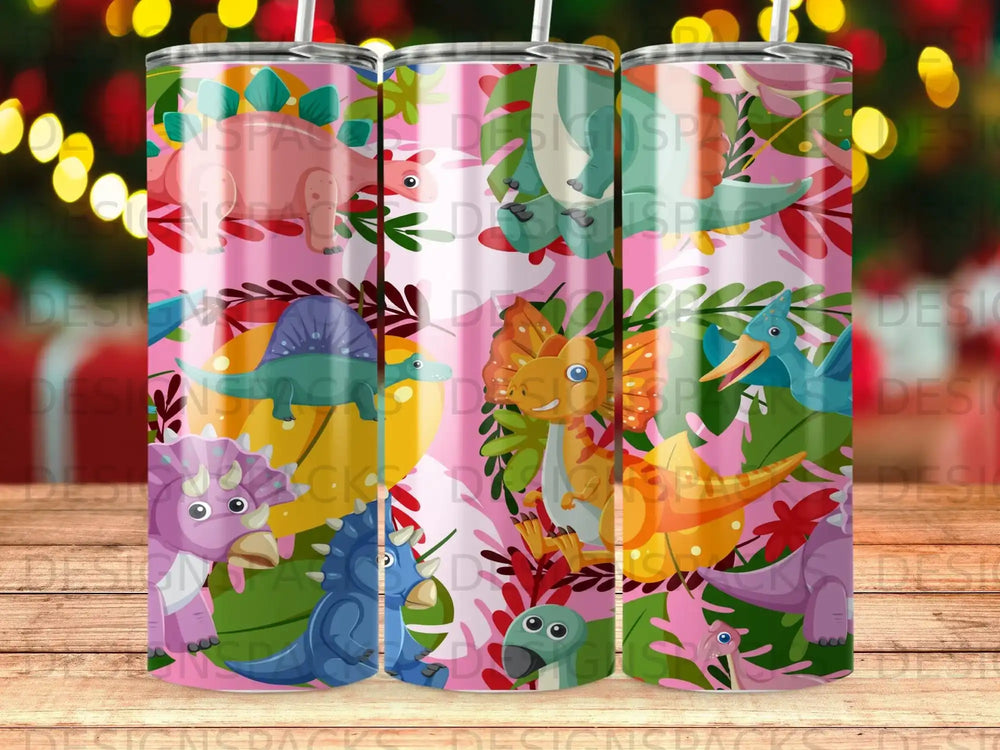Pink tumbler with cartoon dinosaurs and tropical leaves, suitable for sublimation.