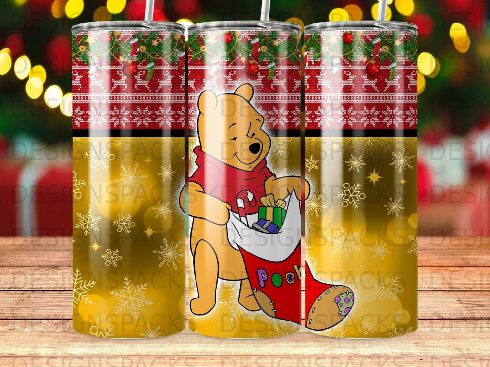 Winnie the Pooh in a red hoodie holding a Christmas stocking with gifts.