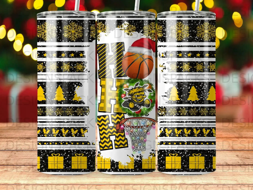 Holiday basketball tumbler with snow, presents, and Santa hat design.