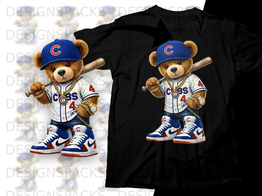 Cartoon bear wearing a baseball uniform, holding a bat, with "CUBS" and number 4 on shirt.