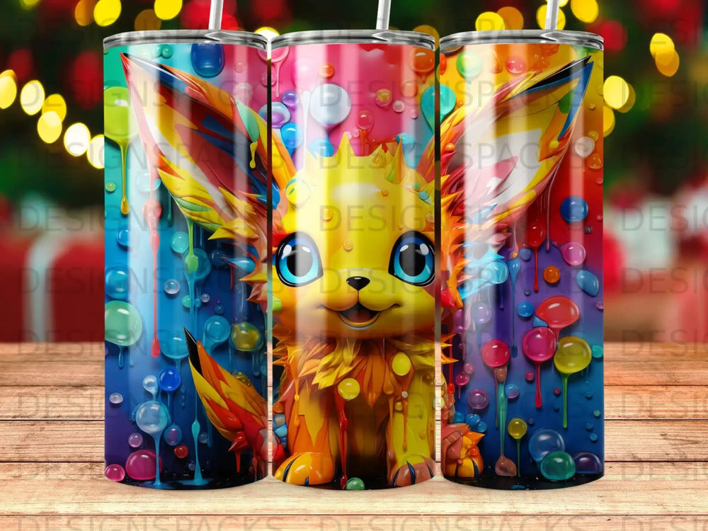 Colorful cartoon creature on a patterned tumbler, surrounded by colorful bubbles.