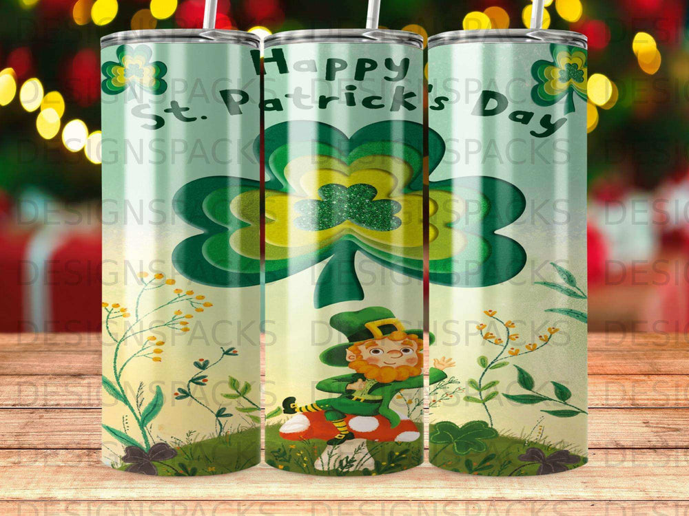 Leprechaun on mushroom with "Happy St. Patrick's Day" text and shamrock accents.