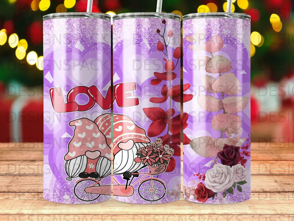Pink gnomes with heart details on a bicycle, "LOVE" text, flowers, glittery purple background.