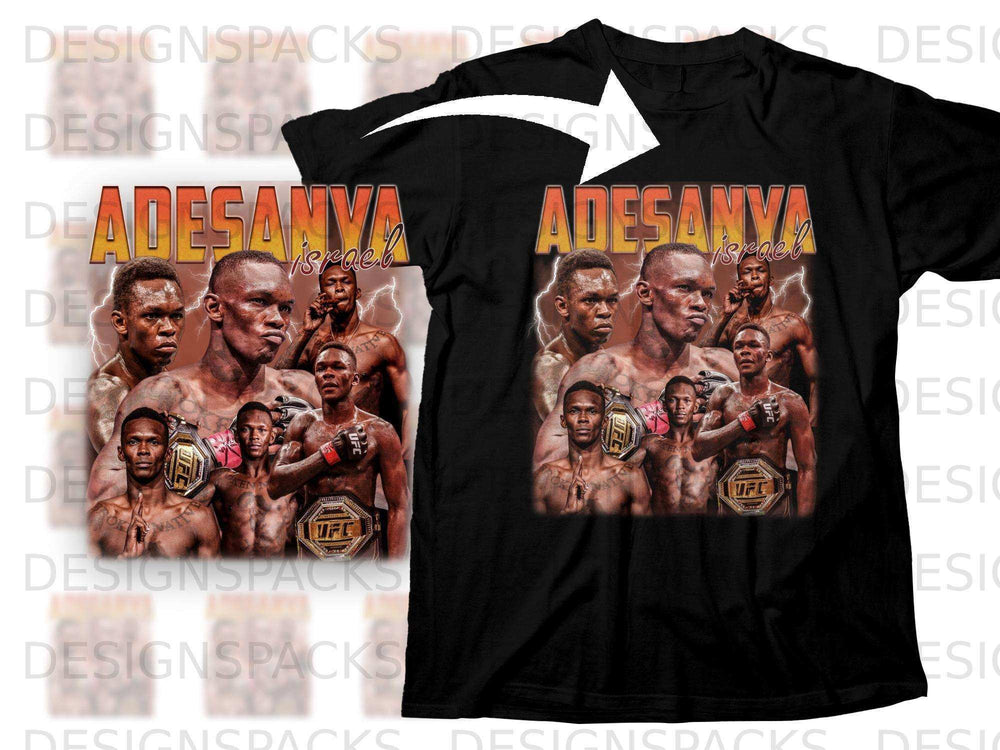 Black t-shirt with Israel Adesanya collage and UFC logo.