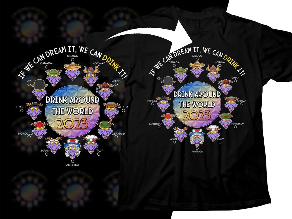 Drink Around the World 2023 t-shirt design with global dragon characters and slogan