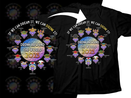 Drink Around the World 2023 t-shirt design with global dragon characters and slogan
