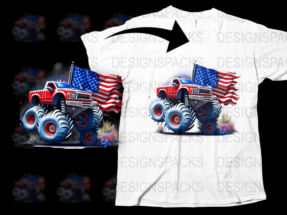 Patriotic Monster Truck USA Flag Graphic T-Shirt, Bold American Flag Design, Unisex White Tee