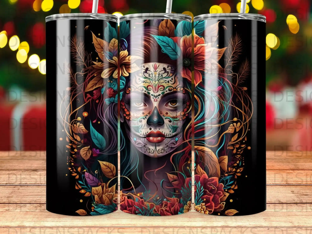 Sugar skull woman with colorful floral headdress, presented on three tumblers.