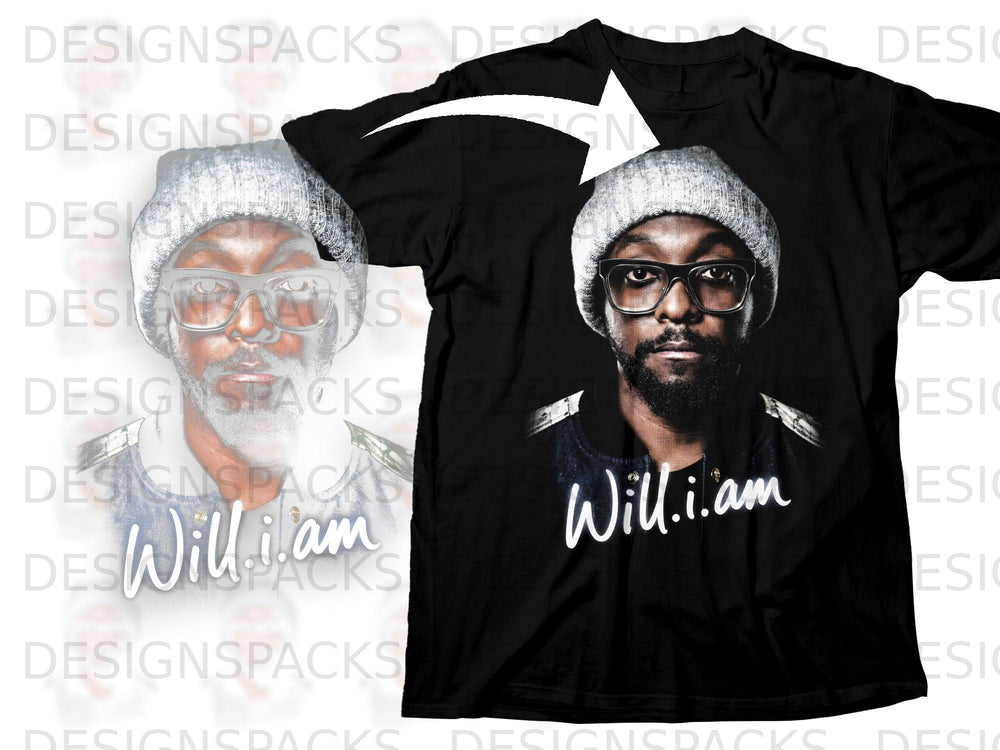 Black t-shirt featuring a portrait of Will.i.am with his name on the chest.