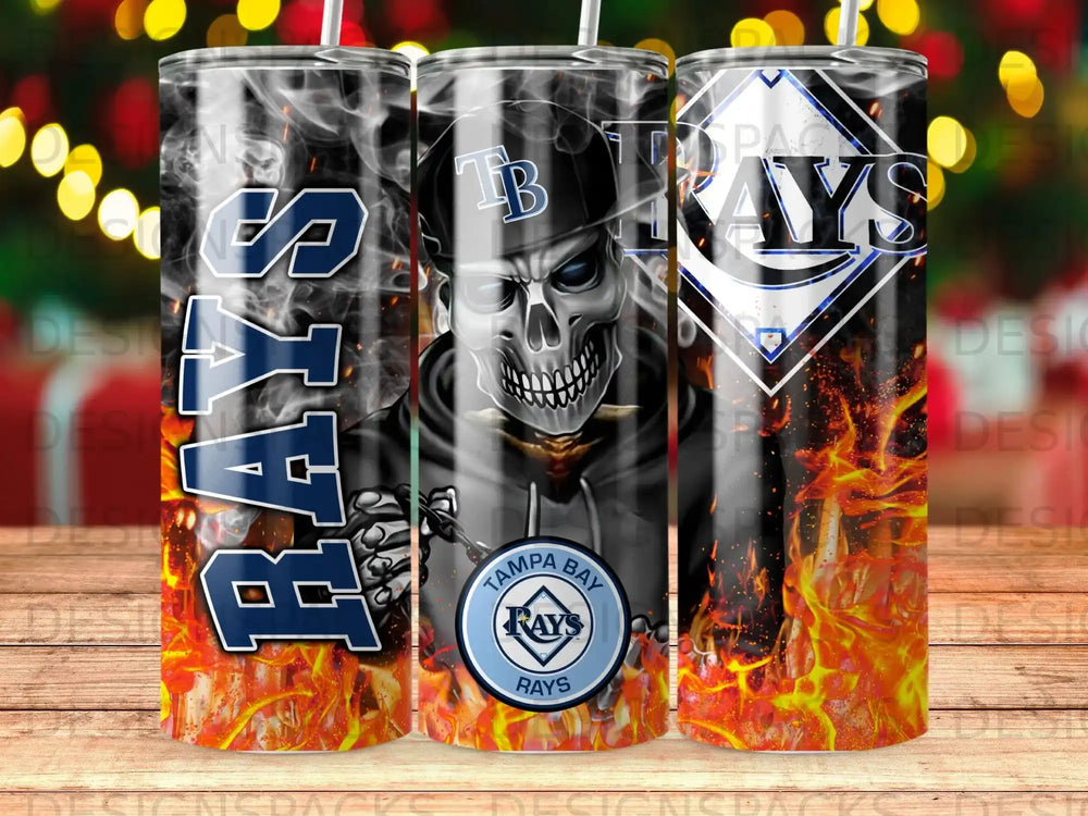 Tampa Bay Rays skull design tumbler with fire and team logo.