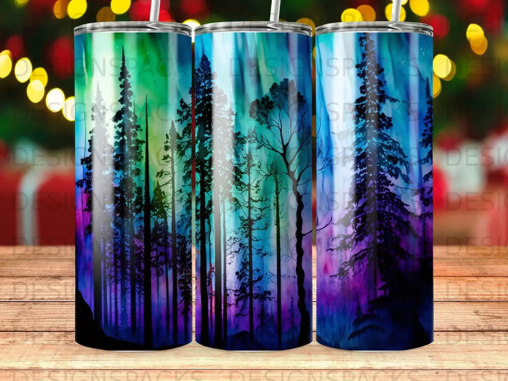 Forest scene with aurora borealis on a tall tumbler.