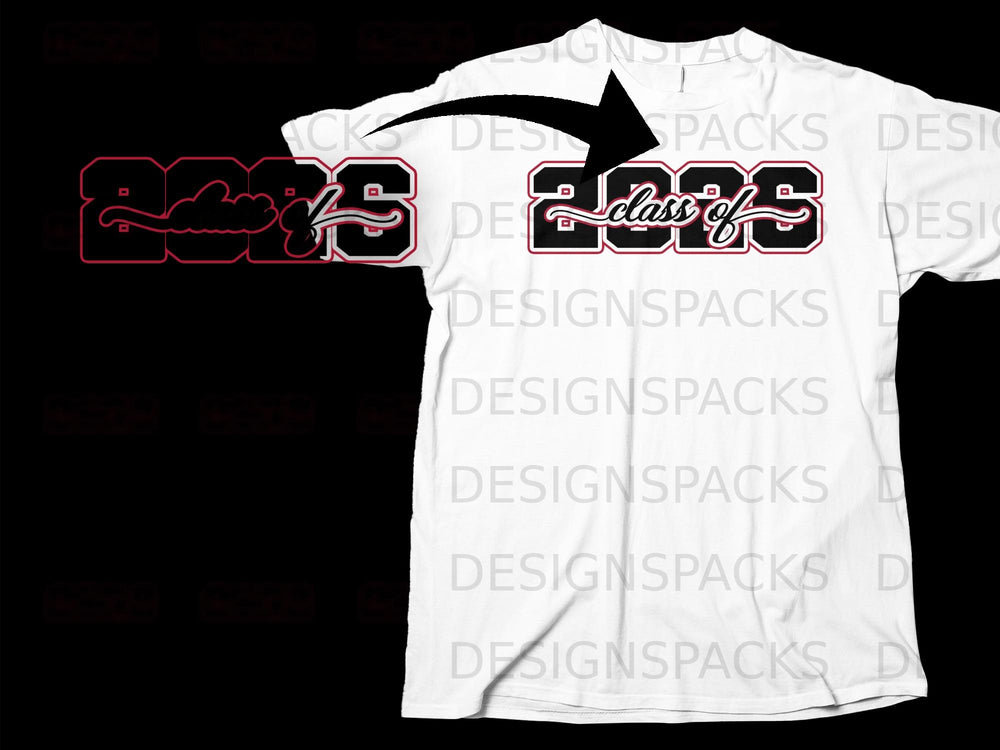 White t-shirt with "2025 class of" design in red and black outline.