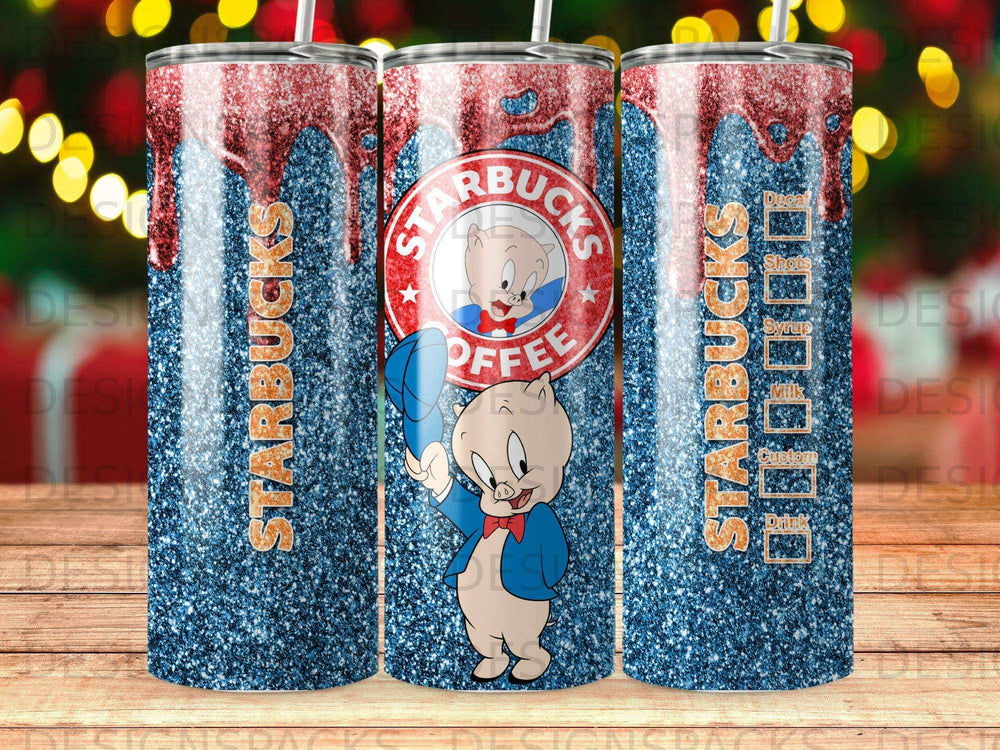 Starbucks tumbler with Piglet character holding a coffee cup and blue cap.