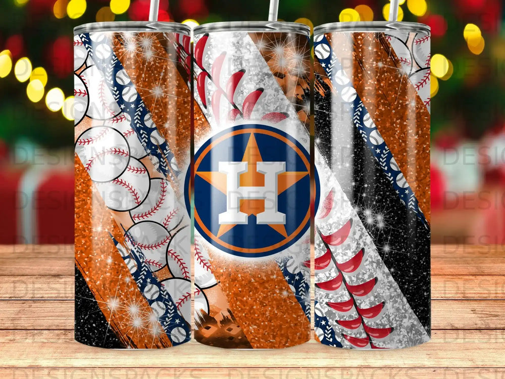Houston Astros baseball tumbler with orange, white, and blue glitter accents.