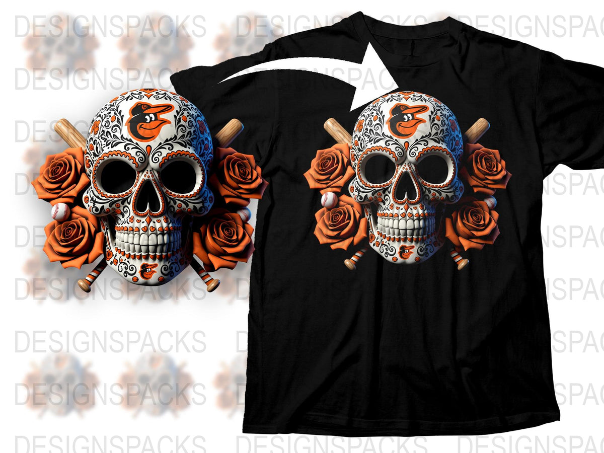 Day of the Dead Sugar Skull T-Shirt with Orange Roses, Dia de los Muertos Tee, Floral Skull Design, Unisex Black Shirt, Halloween Apparel