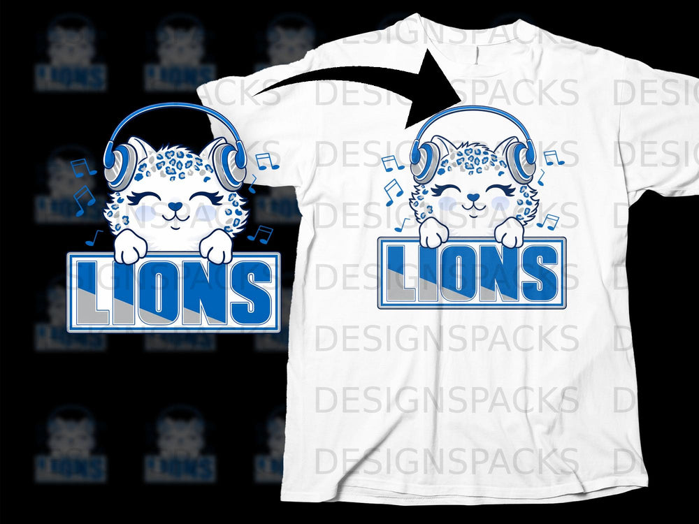 White t-shirt featuring a cartoon snow leopard with headphones and "LIONS" text.